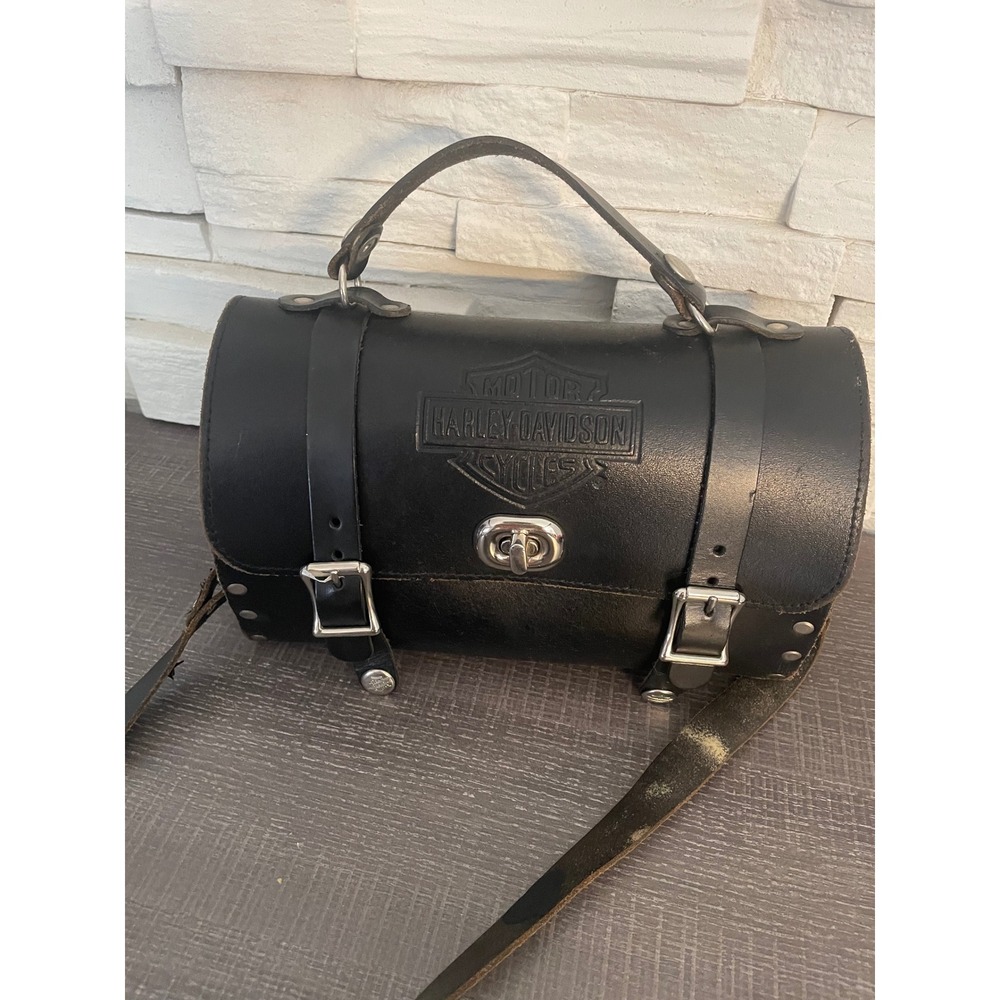Harley Davidson Black Leather Barrel Bag Crossbody Studded Biker Moto Purse